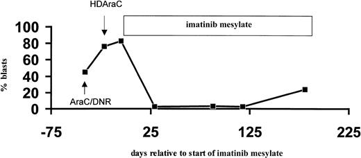 Fig. 2. Bone marrow blast cell infiltration during different treatment courses. / Leukemic blast cell infiltration as determined by bone marrow cytology. Duration of treatment with antileukemic drugs and imatinib mesylate is indicated at the top of the figure.