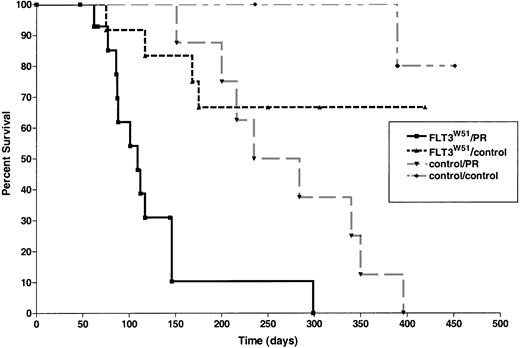 Fig. 1. Activated FLT3 cooperates with a. / MRP8 PML-RARA transgene to cause leukemia.Survival curves are shown of mice reconstituted withPML-RARA transgenic or control FVB/N bone marrow after transduction with activated FLT3 (FLT3W51) or control (FLT3wt or GFP only) retroviruses. Overall survival, including leukemic and nonleukemic deaths, is shown (see “Results”). FLT3W51/PR indicates activated FLT3 retrovirus in PML-RARA transgenic bone marrow (n = 15); FLT3W51/control, activated FLT3 retrovirus in FVB/N bone marrow (n = 12); control/PR, control retroviral vector inPML-RARA transgenic bone marrow (n = 8); control/control, control retroviral vector in FVB/N bone marrow (n = 10).