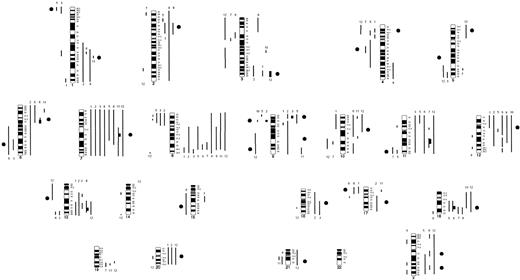 Fig. 3. Ideogram of gains and losses according to the genomewide array CGH in 12 FCL-derived cell lines. / Lines on the right of each ideogram indicate genomic gains, lines on the left show losses of chromosomal material, and high-level amplifications are symbolized by bold lines. Cell lines are indicated by numbers above each line and correspond to Karpas 231 (no. 1); OZ (no. 2); OCI-LY8 (no. 3); DOHH2 (no. 4); SUDHL6 (no. 5); PR1 (no. 6); Karpas 422 (no. 7); BEVA (no. 8); VAL (no. 9); Karpas 353 (no. 10); ROS50 (no. 11); and RL (no. 12). Black circles localize the regions commonly acquired upon transformation in patients with FCL.