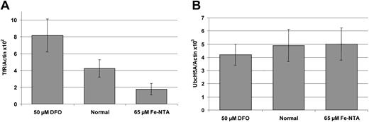 Fig. 3. Iron-dependent expression of transferrin receptor (TfR) and UbcH5A mRNA normalized to actin mRNA levels in HepG2 cells. / Panel A shows expression of transferrin receptor (TfR); panel B shows expression of UbcH5A mRNA. Incubation was performed with 50 μM deferoxamine (DFO) for 18 hours and with 65 μM Fe-NTA for 72 hours. For expression analyses, a 2-step, real-time RT-PCR on the LightCycler system was used. TfR/actin and UbcH5A/actin ratios were calculated using the LightCycler Relative Quantification Software Version 1.0 (Roche Molecular Biochemicals), which provides a fully automated efficiency-corrected relative quantification. The mean values from 8 independent experiments are shown. The error bars represent 95% confidence intervals. The differences between TfR/actin ratios are statistically significant (P < .01). UbcH5A/actin ratios do not differ significantly.