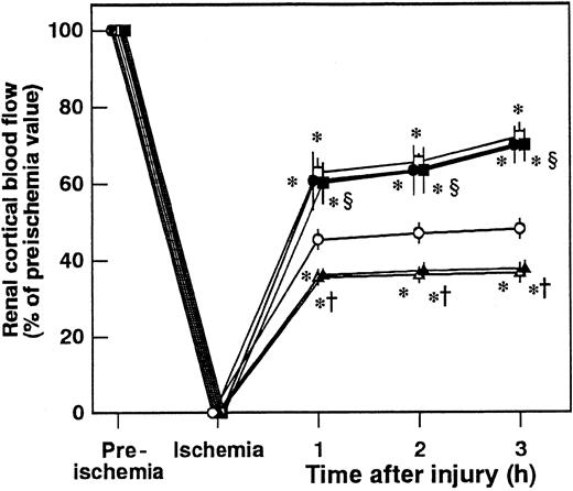 Fig. 10. Effects of antithrombin (AT), indomethacin (IM), and iloprost on renal cortical blood flow during ischemia/reperfusion (I/R) injury in rats. / Renal cortical blood flow was measured from 30 minutes before ischemia until 3 hours after reperfusion. Data are expressed as means ± SDs of 5 experiments. Open circle indicates vehicle-treated group; filled circle, AT-treated group; open triangle, IM-treated group; filled triangle, AT-treated group pretreated with IM; open square, iloprost-treated group; filled square, iloprost-treated group pretreated with IM. *P < .05 versus vehicle-treated group; †P < .01 versus AT-treated group; §P < .01 versus IM-treated group.