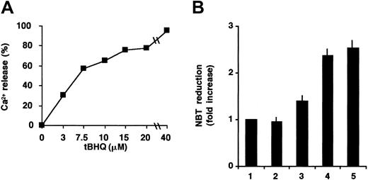 Fig. 4. Potentialization of ATRA-induced differentiation of NB4 cells by tBHQ. / (A) Ca2+ release from intracellular pools was measured spectrofluorimetrically in NB4 cells immediately after addition of various concentrations of tBHQ (3-40 μM). Ca2+ release values were compared with the maximal release obtained using 40 μM tBHQ. Sixty percent of Ca2+ mobilization was obtained at approximately 8 μM tBHQ. (B) Cells were treated with vehicle (lane 1), 8 μM tBHQ (lane 2), 50 nM ATRA (lane 3), 8 μM tBHQ in combination with 50 nM ATRA (lane 4), and 1 μM ATRA (lane 5); and cellular NADPH oxidase activity was determined by NBT reduction. Mean ± SEM (n = 3).