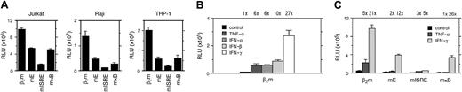Fig. 2. The importance of the E box, ISRE, and κB site in the constitutive and cytokine-induced β2m promoter activity. / (A) Transient transfection of wild-type β2m and E box-, ISRE-, or κB-mutated reporter constructs in Jurkat, Raji, and THP-1 cells revealing the importance of each regulatory site to the constitutive promoter activity in lymphoid and monocytic cells. (B) Transient transfection of the β2m reporter construct in Tera-2 cells induced with TNF-α, IFN-α, IFN-β, or IFN-γ (each 500 U/mL) for 48 hours. β2m is induced by all cytokines of which IFN-γ is the most potent. The induction ratios are indicated above the histogram. (C) Transient transfection of wild-type β2m and E box-, ISRE-, or κB-mutated reporter constructs in Tera-2 cells induced with TNF-α or IFN-γ (each 500 U/mL) for 48 hours. All boxes are important in the TNF-α– and IFN-γ–induced β2m promoter activity. The induction ratios are indicated above the histogram. The luciferase activity values were normalized with the Renilla luciferase activity values and are expressed as mean ± SD of 4 experiments. RLU indicates relative light units.