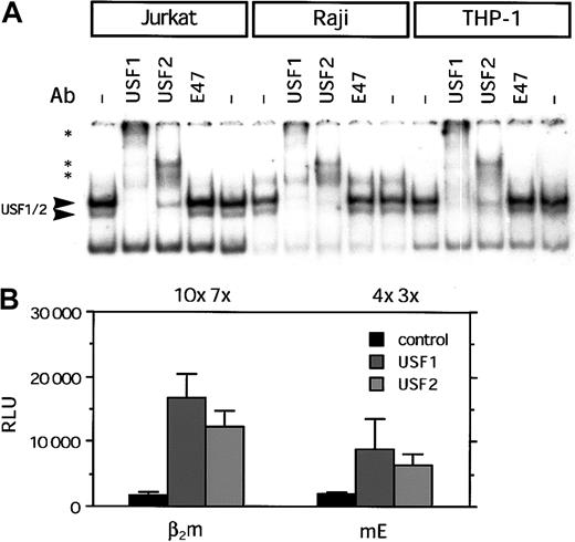Fig. 3. Transcription factor binding and transactivation capacity of the E box of β2m. / (A) EMSA showing binding of complexes to the E box of β2m. Using specific Abs, the complex binding to the E box was shown to contain USF1 and USF2 in Jurkat, Raji, and THP-1 cells. The presence of E47 was not detected. Arrowheads indicate the USF1/USF2 complex; *, supershifted complex(es). (B) Transient transfection of wild-type β2m- and E box–mutated reporter constructs with USF1 and USF2 expression vectors (1 μg) in Tera-2 cells. The luciferase activity values were normalized with the Renillaluciferase activity values and are expressed as mean ± SD of 4 samples. The induction ratios are indicated above the histogram. RLU indicates relative light units.
