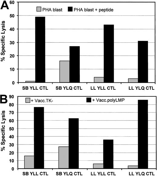 Fig. 2. Endogenous processing of LMP1 CTL epitopes encoded by Vacc.polyLMP. / (A) LMP1 epitope-specific lysis by YLL- and YLQ-specific CTL lines derived from 2 healthy virus carriers (donor no. 1 and donor no. 2). Peptide-sensitized and uncoated HLA A2–positive PHA blasts were used as target cells in the CTL assay. (B) HLA A2–positive fibroblasts were infected with either Vacc.polyLMP or Vacc.TK− for 18 hours and then exposed to YLL- and YLQ-specific CTL lines from donors donor no. 1 and donor no. 2. An effector-target ratio of 10:1 was used for both assays.