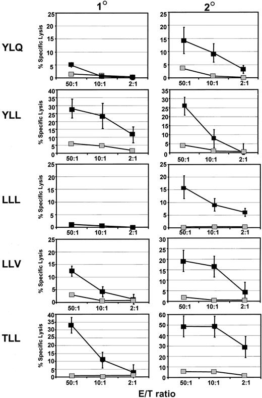 Fig. 4. Activation of LMP1 epitope-specific CTL lines from HLA A2/Kb mice immunized with Vacc.ployLMP. / CTL reactivity specific for LMP epitopes (YLQ, YLL, LLL, LLV, and TLL) was assessed in splenocytes of Vacc.polyLMP immunized mice following primary (1°) and secondary (2°) stimulation with indicated peptide epitope sensitized LPS blasts. These T-cell lines were used as effectors against EL4 A2/Kb cells sensitized with the same peptide (▪) or no peptide (░). Mean lysis values (±SE) for each group of mice are presented. A minimum of 6 animals was assessed for each epitope.