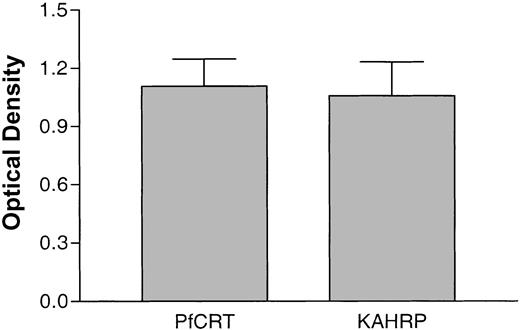Fig. 7. Relative amounts of parasite proteins in CC and AA cells. / The amounts of PfCRT (a parasite protein confined to the digestive vacuolar membrane) and KAHRP (a parasite protein located within knobs on the erythrocyte membrane) were estimated by immunoblot analysis and densitometry. After normalization of PfCRT signal in CC and AA cells to approximately 1.0 (1.11 ± 0.31, mean ± SD), the relative amounts of KAHRP were determined to be 1.05 ± 0.39. The data were calculated from 5 separate immunoblots.