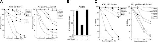 Fig. 2. Cytotoxic effect of TRAIL against Ph1-positive leukemia cell lines. / (A) Dose response of growth inhibition. CML-BC–derived (left panel) or Ph1-positive AL-derived (right panel) cell lines were cultured for 42 hours in the absence or presence of the indicated concentrations of rhsTRAIL, and the 3H-thymidine uptake was evaluated for the last 6 hours. T-cell leukemia cell lines (Jurkat and MOLT4F) were also included as controls and are shown by the dotted lines. Data with myeloid cell lines are shown as the closed symbols. All data are represented as the mean of triplicate samples. Standard errors were always less than 10% (not shown). (B) Neutralization by anti-TRAIL mAb. Nalm1 cells were cultured for 42 hours with rhsTRAIL (10 ng/mL) in the presence or absence of neutralizing anti-TRAIL mAb (10 μg/mL), and the 3H-thymidine uptake was evaluated for the last 6 hours. Data are represented as the mean ± SD of triplicate samples. (C) Time course of cell viability. CML-BC–derived (left panel) or Ph1-positive AL-derived (right panel) cell lines were cultured with 100 ng/mL of rhsTRAIL for 12, 24, or 36 hours, and then the viability was determined by the trypan blue exclusion assay. Data with Jurkat and MOLT4F are also shown by the dotted lines. Data with myeloid cell lines are shown as the closed symbols. All data are represented as the mean of triplicate samples. Standard errors were always less than 10% (not shown).