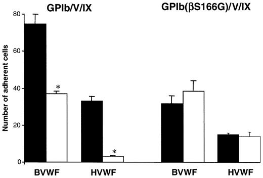 Fig. 2. Decreased adhesion to VWF and insensitivity to RAM.1 of GPIb/V/IX cells containing a GPIbβ(Ser166Gly) mutation. / K562 cells expressing the wild-type complex (GPIb/V/IX) or containing a Ser166Gly mutation of GPIbβ (GPIb(βSer166Gly)/V/IX) were perfused over a bovine (BVWF) or human VWF (HVWF) matrix at a shear rate of 150 s-1 as described in Figure 1. The cells were preincubated with 10 μg/mL RAM.1 (■) or control rat IgG1 (▪) for 10 minutes before perfusion through the VWF-coated capillaries. The number of adherent cells was counted off-line at 10 minutes. Adhesion to HSA was less than 5 cells/field. Cells containing the GPIb(βSer166Gly) mutation had approximately half the adhesive capacity of control cells on bovine or human VWF and this residual adhesion was unaffected by RAM.1 treatment. Results are expressed as the mean ± SEM of 3 separate experiments. *P < .05.