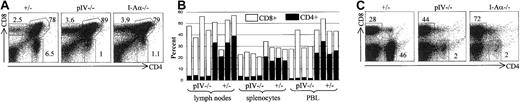 Fig. 2. The depletion of CD4+ T cells found in pIV−/− mice is comparable to that observed in Aα−/− mice. / CD4+ and CD8+ T-cell populations were analyzed by FACS. Numbers indicate the percentage of CD4+, CD8+, and CD4+CD8+ cells. (A) Representative FACS analysis of thymocytes from pIV+/−, pIV−/− and I-Aα−/− mice. (B) % of CD4+ and CD8+ T-cell populations from the lymph nodes, spleen, and PBLs were analyzed for pIV−/− mice and pIV+/− control littermates. (C) Representative FACS analysis showing the CD4+ and CD8+ T-cell populations in lymph nodes from control pIV+/−, pIV−/−, and I-Aα−/−mice.