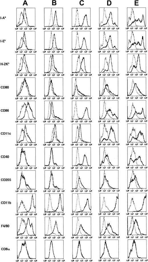 Fig. 4. Surface phenotypes of DCs differentiated from ES cells and bone marrow cells. / ES-DCs on day 17 (A), day 26 (B), and when given maturation stimuli (C) were analyzed using flow cytometry on the surface expression of indicated molecules. (C) For analysis on expression of CD11c, CD40, and CD205, cells were stimulated with IL-4, TNF-α, plus LPS, and for the analysis on expression of other molecules, cells stimulated with IL-4, TNF-α, plus anti-CD40 mAb were used. For comparison, DCs generated from bone marrow cells by 10-day culture in the presence of GM-CSF (D) and those stimulated with TNF-α for 20 hours (E) were also analyzed. Staining patterns with specific antibodies (thick lines) and isotype-matched controls (thin dotted lines) are shown.
