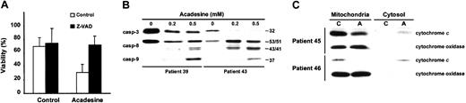 Fig. 2. Acadesine induces caspase processing and mitochondrial cytochrome. / c release. (A) Z-VAD.fmk protects cells from acadesine-induced apoptosis. B-CLL cells were preincubated for 1 hour with 200 μM Z-VAD.fmk and 0.5 mM acadesine was added for 24 hours. Viability was measured by analysis of phosphatidylserine exposure and PI uptake as described in “Patients, materials, and methods.” Data are shown as the mean value ± SD of 4 patients. (B) Analysis of the processing of caspase-3, -8, and -9. B-CLL cells were treated with 0.2 or 0.5 mM acadesine for 24 hours. Cells were lysed and analyzed by Western blot as described in “Patients, materials, and methods.” The migration positions of the precursor forms of caspase-3 (32 kDa) and caspase-8 (53/51 kDa) and the cleavage products of caspase-8 (43/41 kDa) and caspase-9 (37 kDa) are indicated. (C) Analysis of cytochrome c release. B-CLL cells were treated with 0.5 mM acadesine for 24 hours and mitochondrial and cytosolic extracts were analyzed by Western blot. Cytochrome oxidase subunit II was analyzed as a control for mitochondrial protein loading. C indicates control; A, acadesine.