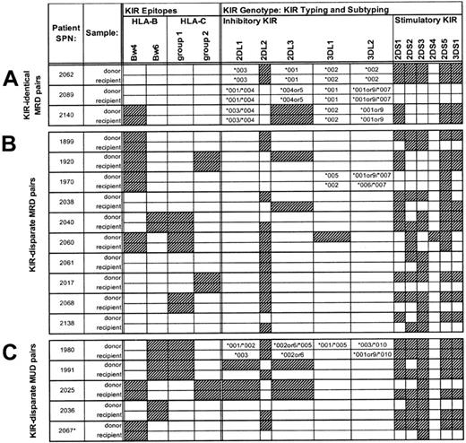Fig. 1. KIR genotyping of hematopoietic cell donors and recipients. / Donor/recipient pairs are organized according to donor type andKIR genotype: KIR-identical MRD pairs (A),KIR-disparate MRD pairs (B), and KIR-disparate MUD pairs (C). All MRD and MUD pairs are HLA identical, except patient/donor SPN 2067 (marked with *), who was disparate for one HLA-C allele. Clear boxes indicate the presence of HLA-B and C KIR epitopes and KIR genes, whereas dark gray hatched boxes indicate the absence of KIR epitopes and genes. Allelic subtypes, shown for those pairs having matching combinations ofKIR genes, are indicated by clear boxes with text. In heterozygous individuals, allele names are separated with a slash. Alleles not discriminated in subtyping are listed together, for example, as KIR2LD3*002or6; KIR3DL1*002 refers here to a set of similar alleles which includes KIR3DL1*002,*003, and *006-8.