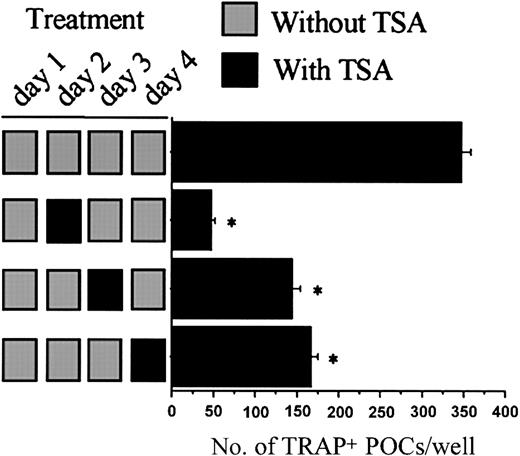 Fig. 4. Time course of the effect of TSA on the formation of TRAP+ POCs. / Stroma-free rat bone marrow cells were cultured under the conditions necessary to form POCs for 4 days with (▪) or without (░) 10 nM TSA, following the indicated treatment schedule. Culture was fed every day with fresh medium, hormone, factors, and TSA. Before changing to new medium, the culture was washed 3 times by replacing 80% of the culture medium with fresh medium to eliminate the remaining factors. Factors and TSA were then added for the indicated periods. After 4 days of culture, the cells were fixed and stained for TRAP. The number of TRAP+ mononuclear cells was counted in each well. Each value represents the mean ± SEM of quadruplicate cultures. Data were analyzed by Student t test. *P < .001 compared with the culture without TSA.