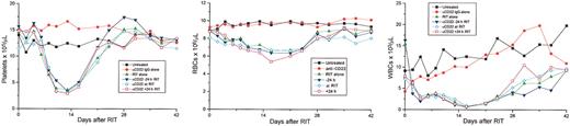 Fig. 5. Hematologic toxicity was assessed by measuring WBC, RBC, and platelet counts twice weekly in the Raji-xenografted mice that were treated as described in Figure 2. / When compared with RIT alone, there was no difference in hematologic toxicity in the CMIT groups. In addition, no hematologic toxicity was observed in the mice treated with HB22.7 alone.