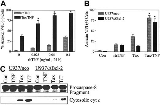 Fig. 7. Recombinant human TNF-α (rhTNF-α) potentiates paclitaxel-induced apoptosis. / (A) U937 cells were treated with paclitaxel (5 nM) with or without rhTNF (0 to 0.1 ng/mL) for 24 hours. (B) U937/neo (░) and U937/ΔBcl-2 (▪) were treated with paclitaxel (5 nM) with or without rhTNF (0.025 ng/mL) for 24 hours. Apoptotic cells were quantified by annexin V and PI positivity as described in “Materials and methods.” Data are shown in panels A and B as the means ± SE. *Significant difference compared with paclitaxel alone or TNF-α alone treatment in the corresponding cell lines (P < .025). (C) Cells were exposed to paclitaxel with or without rhTNF as in panel B, after which the degradation of native procaspase-8 and expression of cytosolic cytochrome c were monitored by Western analysis as described in “Materials and methods.” Blots were reprobed for actin to ensure equal protein loading and transfer. Two additional experiments yielded similar results.