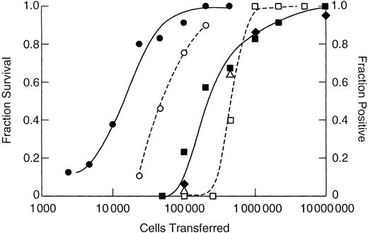Fig. 3. Number of marrow cells required to establish a chimera or protect against lethal irradiation. / On the left y-axis is shown the 30-day fraction survival of lethally 9.5-Gy irradiated Lewis recipients receiving NBr marrow (■) and C3H/HeN recipients receiving AKR/J marrow (○). The right y-axis shows the fraction of sublethally 7-Gy irradiated recipient Lewis rats positive for donor NBr marrow when determinations were made at 6 weeks (▪), 12 weeks (♦), and 20 weeks (▵) after grafting, and C3H/HeN recipients receiving AKR/J marrow assayed at 6 weeks only (●). The x-axis indicates cells transferred by intravenous tail injection.