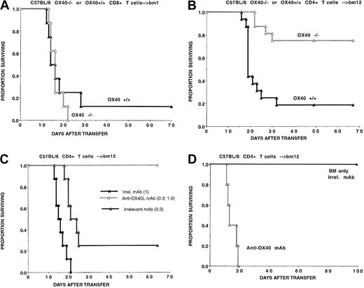 Fig. 3. Comparison of OX40-OX40L interactions with and CD8+T-cell–mediated GVHD lethality. / OX40-OX40L interactions are more potent regulators of CD4+as compared with CD8+ T-cell–mediated GVHD lethality. (A) Sublethally irradiated bm1 recipients (n = 8 per group) were given highly purified CD8+ T cells (0.3 × 106) from OX40+/+ (▴) or OX40−/− (▵) donors as indicated. (B) Sublethally irradiated bm12 recipients (n = 8 per group per experiment) were given highly purified CD4+ T cells (0.3 × 105) from B6 OX40+/+ (▴) or OX40−/− (▵) donors as indicated. Data from 2 replicate experiments with similar results were pooled. (C) Sublethally irradiated bm12 recipients (n = 8 per group per experiment) were given highly purified B6 CD4+ T cells (0.3 or 1 × 105 as indicated in parentheses). Mice also were given either irrelevant (▴ or ■) or anti-OX40L (▵) mAb. (D) Lethally irradiated bm12 recipients (n = 5 per group) were given highly purified B6 CD4+ T cells (0.3 × 106). Mice also were given either irrelevant or anti-OX40 mAb.