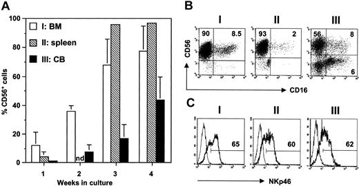 Figure 3. In vitro differentiation of human NK cells from NOD/SCID BM and spleen and from human CB. (A) Single-cell suspensions of BM (I: n = 13, □) and spleen (II: n = 5, ▧) of NOD/SCID that underwent transplantation and purified CB CD34+ cells (III: n = 7, ▪) were cultured for 4 weeks in NK differentiation medium containing recombinant human IL-15, FL, and SCF. The appearance of CD56+ NK cells was determined by FACS analysis. Shown are the mean ± SEM percentages of total cells in the cultures. nd indicates not determined. (B) Expression of CD16 and CD56 and of (C) NKp46 on CD56+ NK cells generated in cultures I, II, and III at 4 weeks. Thin line indicates staining with isotype-matched control antibody. Numbers indicate the percentages of NKp46+ NK cells.
