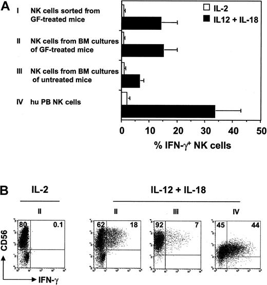 Figure 5. IFN-γ production by NK cells from NOD/SCID mice. (A) FACS sorter-purified CD56+ NK cells from BM of growth factor (GF)–treated NOD/SCID mice (I: n = 3), NK cells generated in vitro within 4 weeks from BM of GF-treated (II: n = 3) and untreated control (III: n = 5) NOD/SCID mice, and purified NK cells isolated from human PB mononuclear cells (IV: n = 2) were stimulated with medium containing IL-2 (□) or IL-12 and IL-18 (▪) for 36 hours. Synthesis of IFN-γ was measured by intracellular FACS analysis, and the mean ± SEM percentages of IFN-γ+ NK cells are shown. (B) Representative FACS pictures of IFN-γ–producing NK cells generated in cultures II, III, and IV are shown. Numbers represent the percentages of total cells in culture.