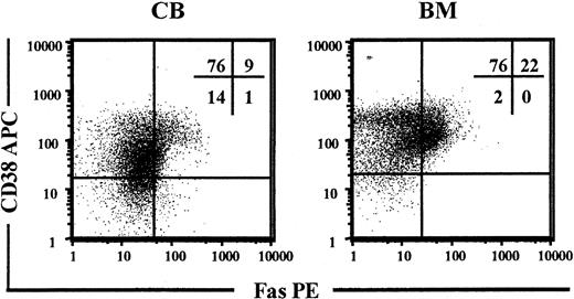 Figure 1. Constitutive expression of Fas on candidate human HSCs. Enriched CD34+ CB and BM cells were stained with Abs against CD34, CD38, and Fas and analyzed by flow cytometry. Viable cells expressing CD34 were gated and investigated for coexpression of CD38 and Fas. Panels show one representative experiment for CB and and one for BM cells. Percentages shown in quadrants represent mean values of at least 3 independent experiments.