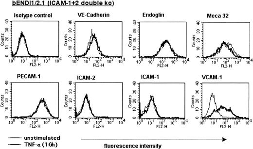 Figure 1. Phenotype of the ICAM-1/ICAM-2 double-deficient bEndI1/2.1. The phenotype of unstimulated versus TNF-α-stimulated (16 hours) bEndI1/2.1 as determined by FACS analysis is shown. Endothelial cells are scatter gated on live cells; overlays compare surface expression of unstimulated (thin lines) versus stimulated (thick lines) bEndI1/2.1.
