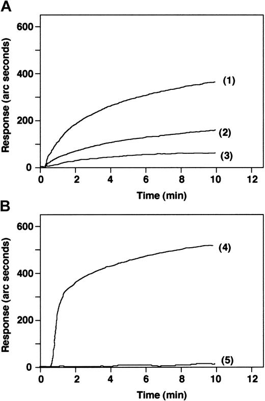 Figure 6. Binding of endothelial cells to immobilized plasminogen or α2-AP. (A) Binding of 5 × 105 (1), 2.5 × 105 (2), or 1 × 105 endothelial cells/mL (3) to immobilized plasminogen was measured by biosensor. Immobilized α2-AP (B) readily binds to plasminogen (4) but fails to bind endothelial cells when 5 × 105 cells/mL are added (5).