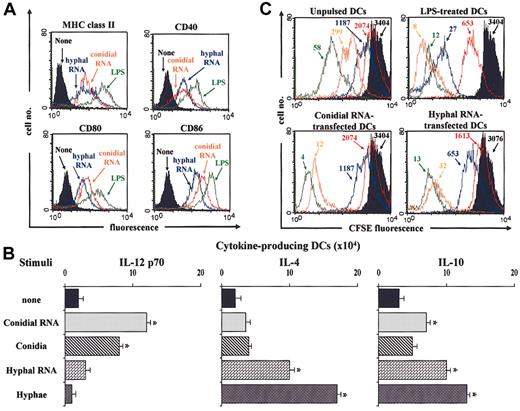 Figure 1. Activation of murine dendritic cells by RNA from A fumigatus conidia or hyphae. (A) Expression of MHC class II antigen and costimulatory molecule on splenic dendritic cells (DCs) transfected with RNA from conidia or hyphae of Aspergillus for 2 hours at 37°C before wash. FACS analysis was done 22 hours later. Black histograms indicate control cells stained with an unrelated mAb. For comparison, LPS-matured DCs were also assessed. None indicates untransfected DCs. (B) Frequency of cytokine-producing cells on DCs either transfected with fungal RNA or pulsed with viable conidia or hyphae. DCs were exposed to viable fungi for 2 hours at 37°C, before the addition of amphotericin B to prevent the fungal overgrowth, and left for an additional 22 hours before ELISPOT assay. None indicates unpulsed cells. *P < .05 (pulsed versus unpulsed DCs). (C) Proliferative response of allogeneic CD4+ splenic T cells after 5 days of coculture at 37°C with graded numbers of DCs transfected with conidial or fungal RNA. CFSE staining was done as described in “Materials and methods.” Shown are the results from one representative experiment of 3. The number refers to the median fluorescence intensity of T cells unstimulated (black histograms) or stimulated with 102 (red lines), 103 (blue lines), 104 (yellow lines), and 105 (green lines) DCs.