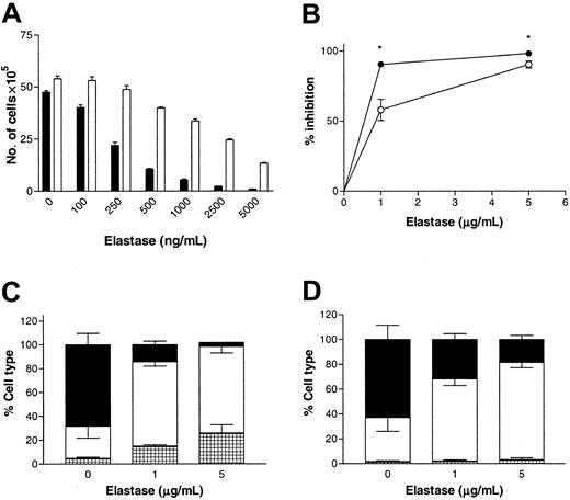 Figure 3. Normal CD34+ cell differentiation is blocked by elastase. 7.5 × 104 normal or CML CD34+ cells/mL were cultured in 1 mL serum-free medium in the presence of 10 ng/mL G-CSF, GM-CSF, and SCF with different concentrations of elastase. After 10 days of culture nucleated cells were counted, harvested, and labeled with anti-CD66b and anti-CD34 antibodies. (A) Number of cells produced in response to increasing dose of elastase. Data represent mean ± SEM of triplicates (▪, normal CD34+ cells; □, CML CD34+ cells 1 μg/mL elastase). (B) Percentage inhibition induced by 1 or 5 μg/mL elastase. Data represent mean ± SEM of 4 different experiments (•, normal CD34+ cells; ○, CML CD34+ cells). *Indicates significant differences from normal values (*P < .01). Phenotype of normal (C) or CML (D) CD34+ cells after 10 days of culture in the presence of 0, 1, or 5 μg/mL elastase (▦, CD34 cells; □, intermediate cells; ▪, CD66b cells). Data represent mean ± SEM of 3 experiments.