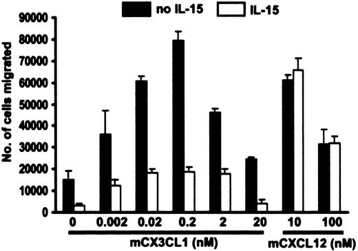 Figure 8. IL-15 suppresses chemotaxis of mouse PBMCs to CX3CL1. PBMCs pooled from 5 C57Bl/6 mice were incubated for 12 hours in 50 ng/mL IL-15 or basic medium alone, washed, and then analyzed for their ability to chemotax in response to various concentrations of mouse recombinant CX3CL1 (chemokine domain) and mouse CXCL12. Data are presented as mean ± SEM and are pooled from 3 independent experiments.