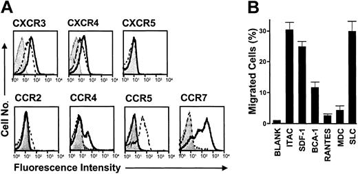 Figure 4. Rapid switch in the migration program during activation of freshly isolated peripheral blood γδ T cells. (A) Chemokine receptor expression is shown in freshly isolated peripheral blood γδ T cells (dashed lines) and activated γδ T cells after 36 hours of stimulation with IPP (bold lines). The control isotype Ab stainings (filled histograms) are shown for activated γδ T cells. Note the inverse regulation of CCR5 and CCR7 expression during γδ T-cell activation. (B) Chemotactic migration profile of activated peripheral blood γδ T cells after 36 hours of stimulation with IPP was examined as described in Figure 1. Maximal migration responses (±SD) were observed at 1 or 10 nM I-TAC, SDF-1, RANTES, and MDC; 1 μM SLC; and 3 μM BCA-1. One of 3 independent experiments is shown.