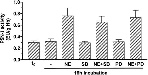 Figure 6. Induction of P5N-I enzyme activity occurs independently of the MAPK pathway. P5N-I activity of day-11 RBCs was determined before (t0) and after a 16-hour incubation with 10 μM NE, in combination with 20 μM PD98059 (PD) and 5 μM SB203580 (SB). Shown are the mean enzyme activities ± SDs of 5 independent experiments.