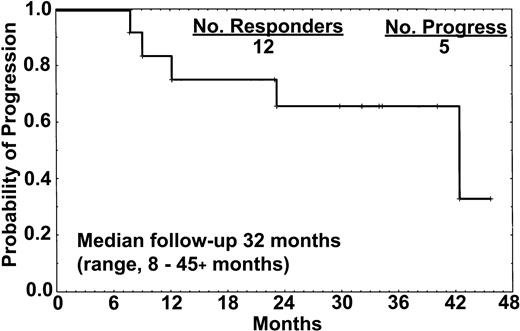 Figure 1. Relapse-free survival of the 12 responders. One of the 8 patients who achieved CR relapsed after 18 months, whereas all 4 patients who achieved either CR-RD or PR have progressed. All 15 patients treated with rituximab remained alive at the time of this report.