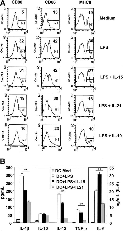 Figure 8. IL-21 inhibits short-time, LPS-induced DC activation and proinflammatory cytokine production in vitro. Immature DCs (after 8 days of culture with GMCSF only) were activated with low-dose LPS (10 ng/mL) or with LPS plus IL-15, IL-21, or IL-10 for 24 hours. (A) Surface expression of costimulatory and MHC II molecules were analyzed by FACS. Given is the percentage of high positive cells defined by the marker M1. (B) Cytokines were analyzed in the DC culture supernatant. Significance was calculated using Student t test (**P ≤ .01) and shown is the mean ± SD (note different scale for IL-6 concentration). One representative out of 4 experiments is shown.