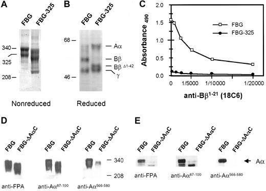 Figure 4. Characterization of FBG-325 and FBG-ΔAαC. FBG-325 was analyzed by SDS-PAGE under nonreducing (A) and reducing (B) conditions followed by Coomassie blue staining. The positions of migration of intact FBG (340 kDa), FBG-325 (325 kDa), and reduced FBG Aα, Bβ, BβΔ1-42, and γ chains are marked. ELISA (C) was performed using serial dilutions of MoAb 18C6 to detect the presence (FBG, □) or absence (FBG-325, •) of Bβ1-21. Western blot analysis using MoAbs against FPA, Aα87-100 containing the RGDF95-98 domain, and Aα566-580 containing the RGDS572-575 domain was performed on FBG and FBG-ΔAαC resolved under nonreducing (D) or reducing (E) conditions.