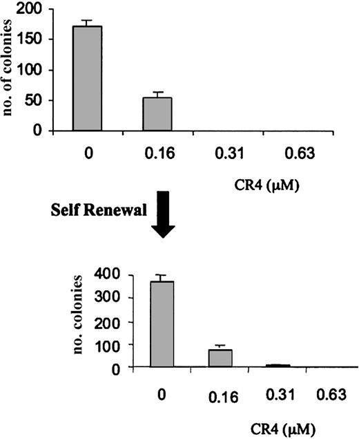 Figure 3. Absence of CR4 resistance in AML self-renewal assay. AML cells were cultured in the presence of varying concentrations of CR4 for 7 days. Cells surviving culture with 160 nM CR4 were rescued and replated in fresh medium containing CR4 as indicated. Cells from several of the original cultures were pooled for the second phase. After a further 7 days of incubation, colony numbers were assessed. Normal cell growth is unaffected at these concentrations of CR4. Shown is one representative experiment of 2 with standard deviations.