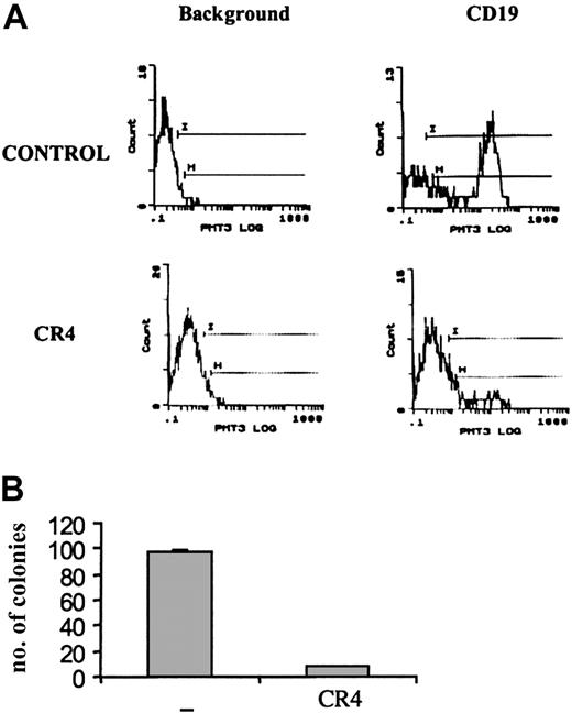 Figure 4. Ph+ ALL growth in vivo is inhibited by CR4. NOD-SCID mice were injected with Ph+ ALL (Z119) cells as described in “Materials and methods” and treated with CR4 or solvent (DMSO/PBS) delivered by osmotic pump. (A) After 14 days of treatment, mice were killed and single-cell suspensions prepared from bone marrow. After red cell lysis, the samples were stained with human-specific anti-CD19 (and isotype control) to detect infiltrating ALL cells. Anti-CD19 does not cross-react with murine cells. Similar results were obtained by staining with anti-HLA-DR. (B) To assess the viability of infiltrating Z119 cells, bone marrow cells were also cultured in colony-forming assays. BM cells were cultured in semisolid medium supplemented with 30% serum (1:1, bovine FCS-human plasma), but without addition of exogenous cytokines. There is no growth of murine cells under these conditions. The number of ALL colonies was evaluated after 9 days of culture. Shown is one of 2 experiments with standard deviations.
