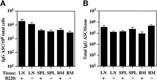 Figure 2. B220-lo and B220-neg plasma cells are found in multiple lymphoid organs. Cervical lymph node (LN), spleen (SPL), and bone marrow (BM) cells were separated into B220-positive (+) and B220-negative (-) fractions, and the density and total number of IgG plasma cells (ASC) per tissue in each fraction was determined by ELISPOT as described in “Materials and methods.” The data are represented as the mean ± SEM. For LN, n = 5 mice, and for SPL and BM, n = 6 mice. (A) IgG ASC/106 total cells. (B) Total IgG ASC/tissue.