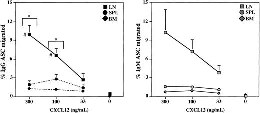 Figure 4. Chemotaxis efficiency of total IgG and IgM plasma cells from E/P-/- tissues. Chemotaxis assays were performed with unfractionated cervical lymph node (LN), spleen (SPL), and bone marrow (BM) cells in response to graded concentrations of CXCL12 (SDF-1). The frequencies of IgG (left) and IgM (right) plasma cells in the input and migrated samples were determined by ELISPOT, and the percentages of plasma cells migrated were calculated. The data are represented as the mean ± SEM of several independent experiments. For IgG, n = 4 to 9, and for IgM, n = 2 to 3. The (*) indicates statistically significant migration of LN, SPL, and BM IgG plasma cells compared with basal migration in each tissue. The (#) indicates statistical difference between response of LN compared with SPL or BM at 300 and 100 ng/mL, respectively.