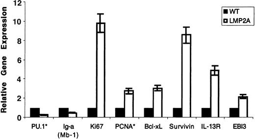 Figure 2. Quantitative real-time RT-PCR to measure changes in gene expression induced by LMP2A. Total RNA was isolated from CD19+ B cells from LMP2A transgenic mice and nontransgenic littermates. RNA was reverse transcribed and used in real-time PCR reactions using SYBR green to label double-stranded DNA products. Normalized levels of gene expression in B cells from LMP2A transgenic mice are shown relative to the levels in nontransgenic mice (set to a value of 1). Error bars represent the standard deviations of 4 separate experiments. WT indicates wild type. *Transcript levels were compared in splenic B cells, except for PU.1 and PCNA, in which expression was altered only in bone marrow B cells.