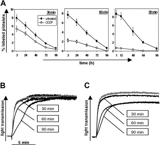 Figure 1. CCCP treatment decreases posttransfusion recovery of functional mouse platelets. (A) Washed platelets were treated for 30 minutes, 60 minutes, or 90 minutes with 100 μM CCCP, labeled with calcein, and infused into mice. Blood was drawn at different time points after infusion and stained for GPIIβ/IIIα. Platelets were identified by PE-fluorescence and forward scatter. Results are shown as percent calcein-labeled platelets ± SEM, n = 5. Similar results were obtained with platelets labeled by biotinylation (not shown). (B, C) Washed platelets were treated with CCCP for the indicated times and platelet responses were tested in standard aggregometry by adding 0.5 U/mL thrombin (B) or 10 μM thromboxane A2 analog U46619 (C). The gray line represents DMSO-treated platelets (90 minutes) activated with the respective agonist. The bar indicates 5 minutes along the x axis. Results are representative of 3 separate experiments.
