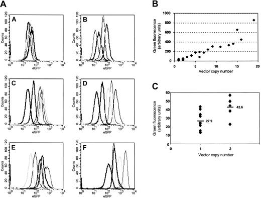 Figure 1. Striking increase of transgene expression and variability of gene expression and copy number depending on the MOI. Five clones selected by chance after limiting-dilution cloning of K562 cells (Table 1) were analyzed for each group (A-F). As shown in the histogram plots (panel A), both the level and the variability of transgene expression show a strong increase along with an elevated MOI. Analysis of mean fluorescence values reveals that (panel B) there is a clear positive correlation of insertion numbers and gene expression. Note that clone F10 has been excluded from this figure because the number of insertions above the resolution limit of the Southern blot analysis was obviously underestimated. A detailed analysis for all clones bearing 1 or 2 insertions (panel C) indicates that clonal variability is limited (approximately 3.2 ×) in clones with single insertions, and the mean expression level (horizontal bars) nearly doubles in the presence of 2 vector copies.