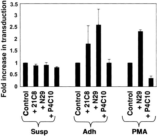 Figure 4. β1 integrin coreceptor function is dependent on postreceptor events. No transduction could be observed in suspension (Susp) K562 cells, even after pretreatment with divalent ions (1 mM Mn2+, 1 mM Mg2+) and high-affinity conformation-stabilizing β1 integrin antibodies (N29, 21C8). In contrast, transduction of spontaneously adherent (Adh) and PMA-differentiated K562 cells by recombinant parvovirus B19-Luc vectors was increased by pretreatment with high-affinity conformation-stabilizing β1 integrin antibodies (N29, 21C8) and decreased with inhibitory (P4C10) β1 integrin antibodies. Transduction without antibody treatment (Control) was set at 1 for comparison. Firefly luciferase activity was detected in cell extracts 24 hours after infection. Data are representative of 3 independent experiments; error bars represent SD.