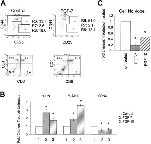 Figure 3. FGF7 and FGF10 arrest of T-cell development. E15 FTOC was cultured for 7 days in the presence or absence of FGF7 or FGF10. (A) Representative FACS dot plots of CD44/CD25 (upper panels) and CD4/CD8 (lower panels) expression by thymocytes from untreated (left panels) and FGF7 (166 ng/mL)–treated (right panels) FTOC. R6, R7, and R8 denote DN1, DN2, and DN3 subpopulations, respectively. (B) Bars represent the relative change of total DN, DN1, and DN3 subpopulations in these cultures in a total of 6 experiments. Increases are significant (*) with P values denoting greater than 99.9% confidence. (C) Bars represent the relative change in total cell number per lobe in these cultures in a total of 4 experiments with each factor. Decreases with FGF7 and FGF10 treatment are significant (*) with greater than 99.9% confidence. Error bars indicate mean ± SD.