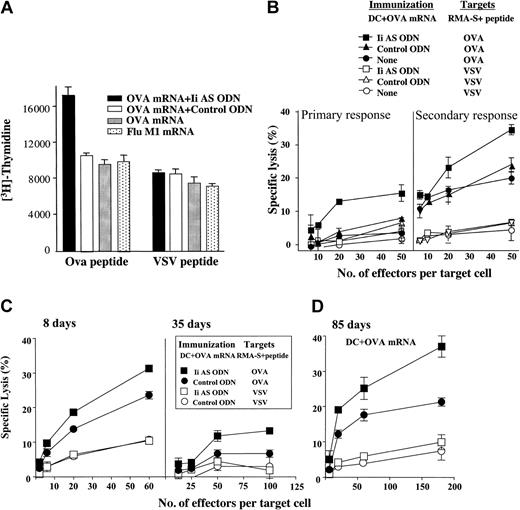 Figure 3. Inhibition of invariant chain synthesis enhances the generation of CD4+ T-cell responses and cytotoxic T-cell (CTL) responses in mice immunized with OVA mRNA-transfected DCs. (A) CD4+ T-cell proliferation assay. Mice were immunized intravenously with 2.5 × 105 DCs transfected with either OVA mRNA or influenza matrix (Flu M1) mRNA. Where indicated, the OVA mRNA-transfected DCs were also transfected with Ii AS (AE40) or control (SE40) ODNs. Splenocytes were harvested after 8 days and CD4+ T cells were isolated using StemSep Murine CD4+ Negative Isolation Column (StemCell Technologies, Vancouver, BC, Canada). CD4+ T cells were cocultured with I-Ab-restricted OVA or VSV peptide-pulsed DCs for 3 days. 3H-thymidine incorporation was measured for 17 hours prior to harvest. Data are representative of 3 experiments. (B) Cytotoxicity assay. Mice were immunized with 2.5 × 105 OVA mRNA-transfected DCs transfected with Ii AS (AE40) or control (SE40) ODNs, as indicated. Splenocytes isolated 8 days after immunization were either tested directly for OVA CTLs (primary response) or first incubated in vitro in the presence of OVA mRNA-transfected DCs and then tested for OVA CTLs (secondary response).29 RMA-S cells pulsed with the MHC class I-restricted OVA or VSV peptides were used as targets. Data are representative of 5 experiments. (C) CTL responses were measured 8 or 35 days after immunization. (D) At 85 days after immunization with Ii AS (AE40) or control ODN (SE40)-treated OVA mRNA-transfected DCs, mice were reimmunized with OVA mRNA-transfected DCs and OVA CTLs were measured. Measurements were done in triplicates. Variability is indicated by the error bars.