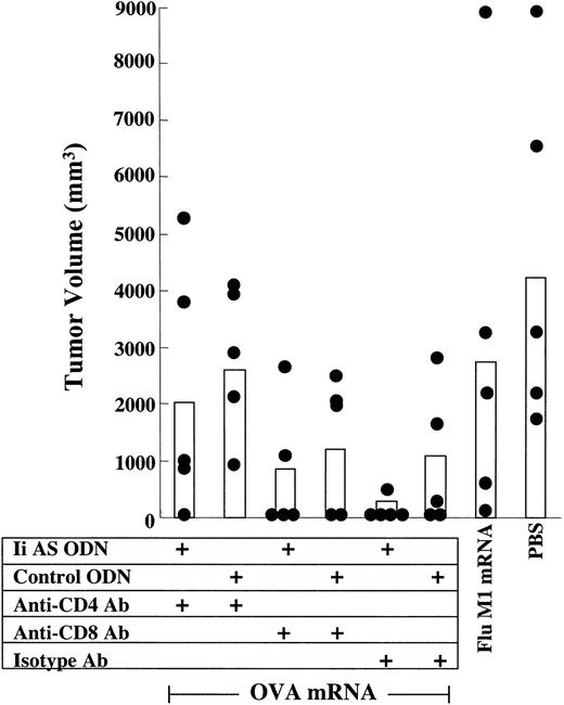 Figure 5. The role of CD4+ and CD8+ T-cell subsets in the antitumor response in mice immunized with DCs expressing reduced invariant chain levels. Role of CD4+ and CD8+ T-cell subsets. Mice were immunized with OVA mRNA-transfected DCs and challenged with B16/F10.9-OVA tumor cells as described in Figure 4A. Mice were depleted of CD4+- or CD8+-expressing cells before tumor challenge, as indicated. Mice immunized with Flu M1 RNA or treated with PBS also received isotype Ab. Black circles represent individual tumor measurements and white bars represent average tumor size of the treatment group. Day-25 measurements are shown (5 mice per group).