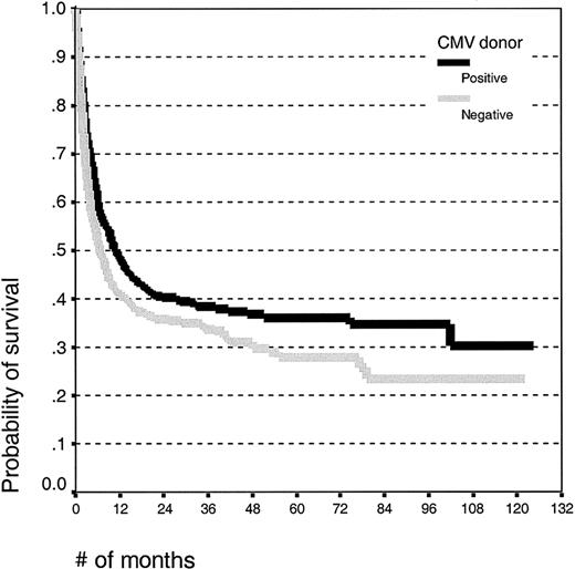 Figure 2. Kaplan-Meier estimates of overall survival in patients undergoing unrelated donor SCT with CMV-seropositive or -seronegative donors.