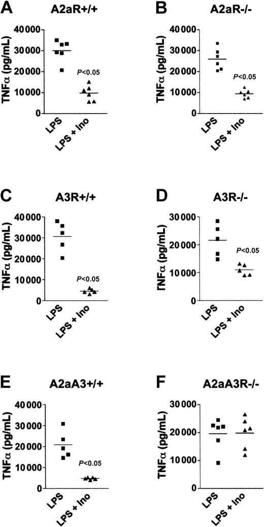 Figure 5. Inosine utilizes both A2aR and A3R to inhibit LPS-induced TNFα in vivo. Mice were injected intraperitoneally with 100 mg/kg inosine followed by 10 mg/kg LPS and the level of TNFα in the serum collected 1 hour after LPS injection was assessed. This figure shows that inosine inhibited LPS-induced TNFα production in wild-type (A,C,E), A2aR-/- (B), and A3R-/- (D) mice, but did not inhibit TNFα in A2aA3R-/- (F) mice, which lacked both receptors. Representative results from 1 of 3 separate experiments.