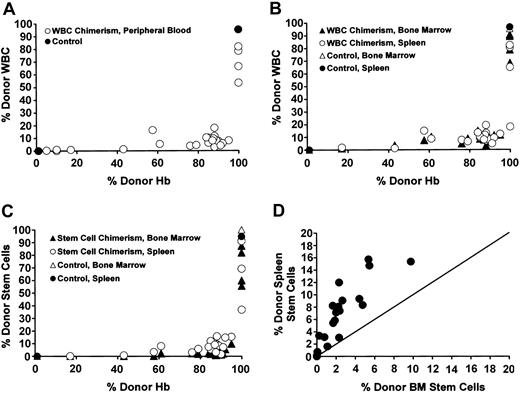 Figure 2. Enrichment of peripheral blood RBC chimerism compared with WBC chimerism in the blood, hematopoietic organs, and stem cells. (A) In the individual mice, a striking enrichment of peripheral blood RBC versus WBC chimerism occurred. The RBC chimerism (expressed as percentage of donor Hb, x-axis) versus WBC chimerism (y-axis) for each of the mice that received transplants is shown (▴). Control sickle (0% donor Hb) or eGFP (100% donor Hb) are shown (•). (B) Enrichment of peripheral RBC chimerism (x-axis) compared with WBC chimerism (y-axis) in the bone marrow (▴) and spleen (▴) occurred in mice that received transplants. Control sickle mice that did not receive transplants (0% donor Hb) or eGFP mice (100% donor Hb) are shown as ▵ (bone marrow) and • (spleen). (C) Enrichment of peripheral RBC chimerism (x-axis) compared with stem cell chimerism (y-axis) in the bone marrow (▴) and spleen (▴) also occurred in the mice that received transplants. The stem cell compartment was defined as those bone marrow cells or splenocytes that were Sca-1+/c-kit+/PI-/lineage-. The percentage of these stem cells that were either donor derived (eGFP+/CD45.1-) or recipient derived (eGFP-/CD45.1+) was then determined. Control sickle mice that did not receive transplants (0% donor Hb) or eGFP mice (100% donor Hb) are shown as ▵ (bone marrow) and • (spleen). (D) A higher percentage of splenic stem cells than bone marrow stem cells were donor derived in the chimeric mice. Stem cells were defined as described in panel C. The percentage of stem cells that were donor in the bone marrow (x-axis) versus spleen (y-axis) was plotted (•). The line depicts the theoretical 1:1 ratio of bone marrow to spleen stem cells.