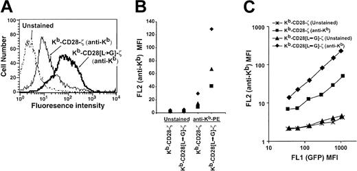 Figure 2. Increased surface expression of dileucine-mutated chimeric receptor. (A) Overlay histogram plots showing fluorescence intensity of transduced TG-B T cells that are unstained or stained with PE-labeled H-2Kb-specific antibody. Viable cells were gated based on forward and side scatter. Control basal fluorescence was identical for cells transduced with either the mutated or unmutated receptor (data not shown). Control MSCV vector-transduced cells also did not detectably stain with H-2Kb-specific antibody (data not shown). (B) Staining results from 3 independent transduction experiments, each denoted by a unique symbol (♦, ▴, ▪), are compared. In each experiment an increase in the mean fluorescence intensity (MFI) of the dileucine-mutated receptor versus unmutated receptor is apparent. (C) Chimeric receptor (anti-Kb) expression is plotted as a function of cotranscribed GFP level. Transduced cell populations were analyzed for GFP (FL1) expression level and gated into regions comprising approximately 0.2 to 0.3 log fluorescence using Cellquest software (BD Biosciences, San Jose, CA). For cells within each of these gated regions, FL1 MFI (GFP) and FL2 MFI (anti-Kb staining or control unstained) was calculated and plotted.